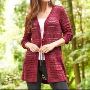 Matilda Jane Open Weave Cotton Blend Midi Knit Cardigan Cherry Red Sz Medium B91